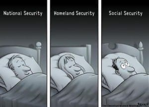 BOSTON, MA, USA - 30JAN02 -Three people are dreaming: National Security dreamer sleeps soundly; Houneland Security dreamer sleeps soundly; Socieal Security dreamer is wide awake. CARTOON: Clay Bennett / The Christian Science Monitor